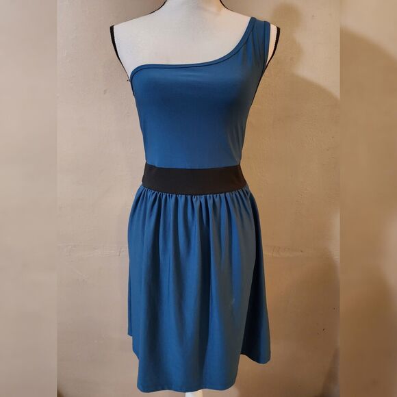 Bebop Womens One Shoulder Dress Size M Blue High Waist Pleated Stretch - Picture 1 of 10
